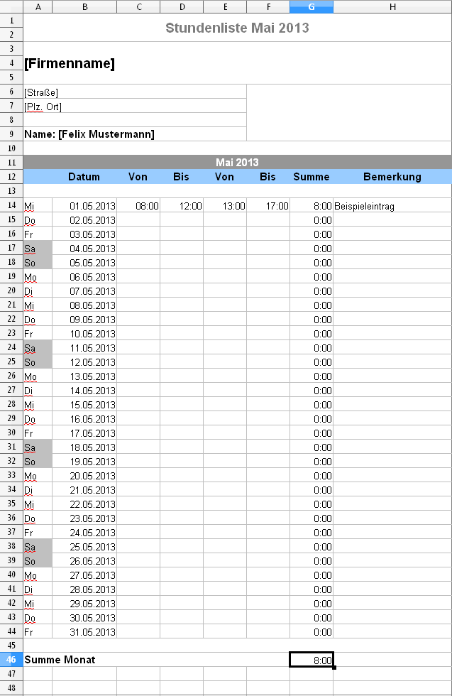 Zeiterfassung per Excel Stundenzettel